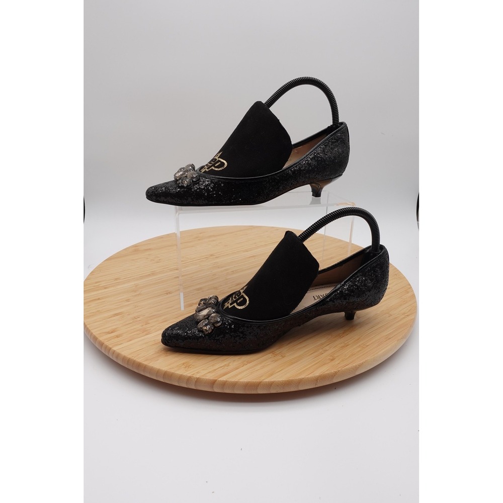 Colin Stuart Shoes Womens Size 7 Black Glitter Rhinestone Slingback Kitten Pumps - Picture 8 of 11